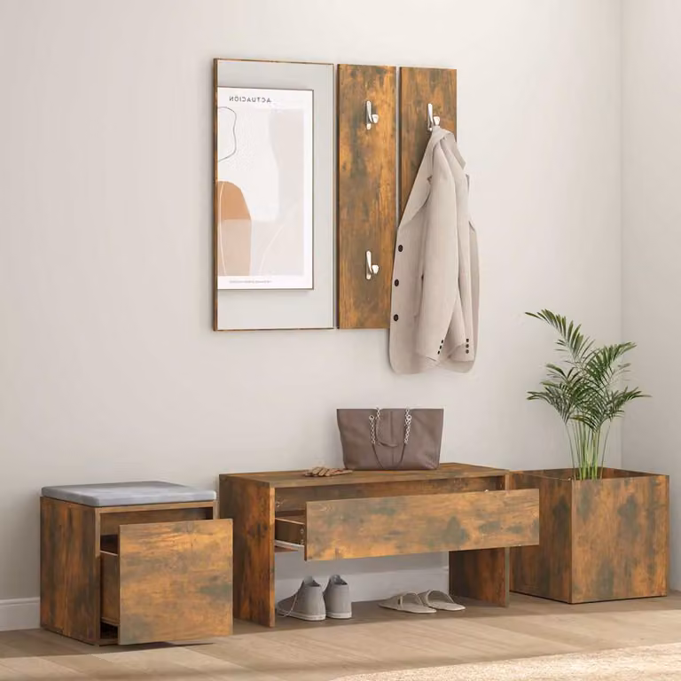Set de muebles de recibidor moderno vidaXL de madera de roble en color marrón con banco, espejo y estante de pared