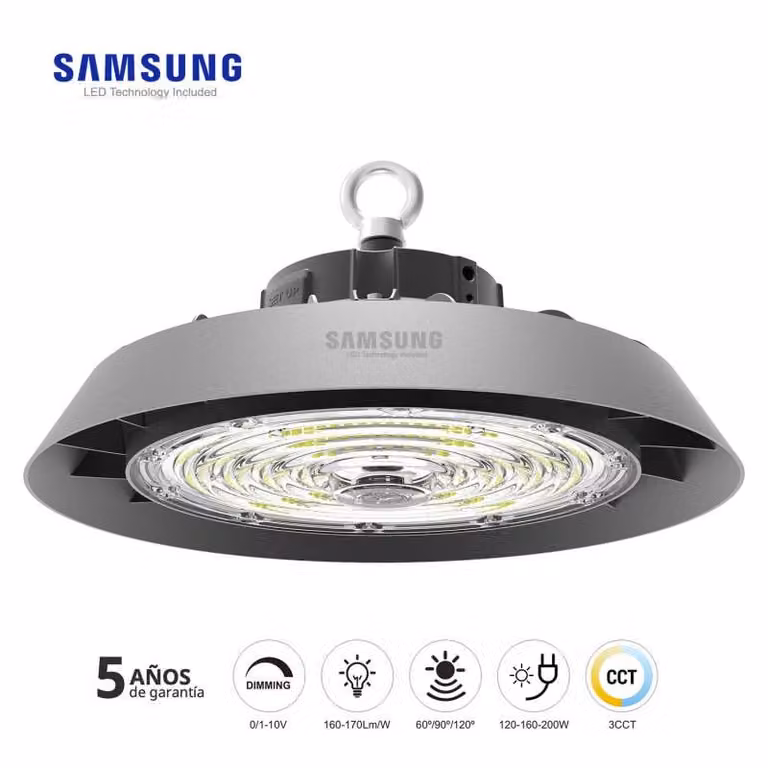 Campana industrial LED Slim UFO LEDBOX con chip Samsung, potencia ajustable de 120W a 200W, temperatura de color CCT regulable y ángulo ajustable, color gris