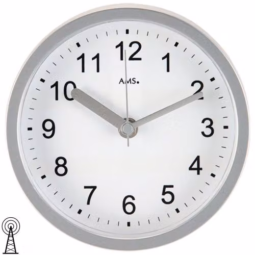 Reloj de pared y mesa analógico AMS Funkwerk modelo 5926 con radiofrecuencia, diseño moderno redondo en color blanco y plata, An/P/Al: 16 x 5 cm