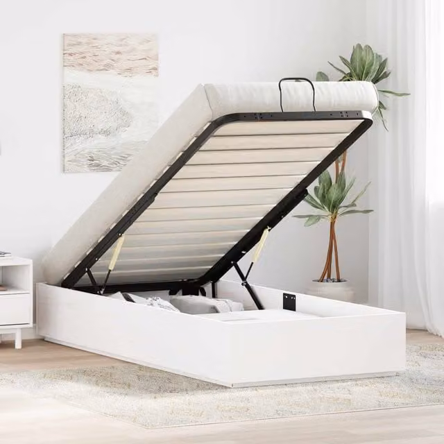 Estructura de cama ottoman con almacenamiento Maison Exclusive en madera de pino y tela blanca An/P/Al: 120 x 193,5 x 76 cm