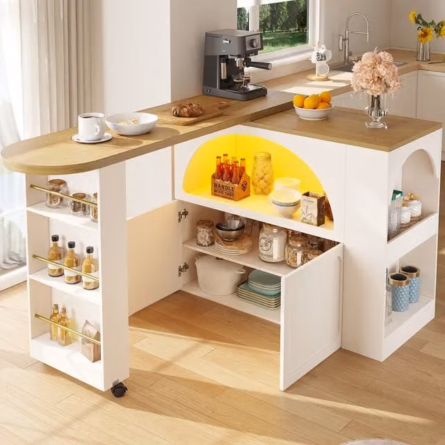 Mesa de bar móvil extensible MODENVIE con almacenamiento, luces LED, USB y ruedas, color blanco, An/P/Al: 135-205 x 39 x 100 cm