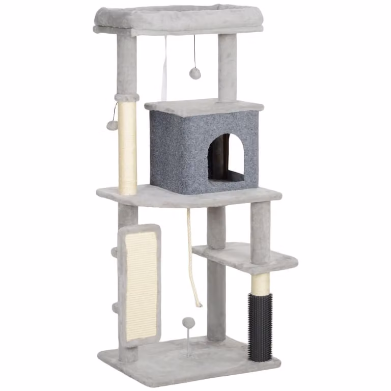Árbol para gatos PawHut con cueva y juguetes integrados en color gris y beige, fabricado en MDF y sisal, An/P/Al: 55 x 44 x 132 cm