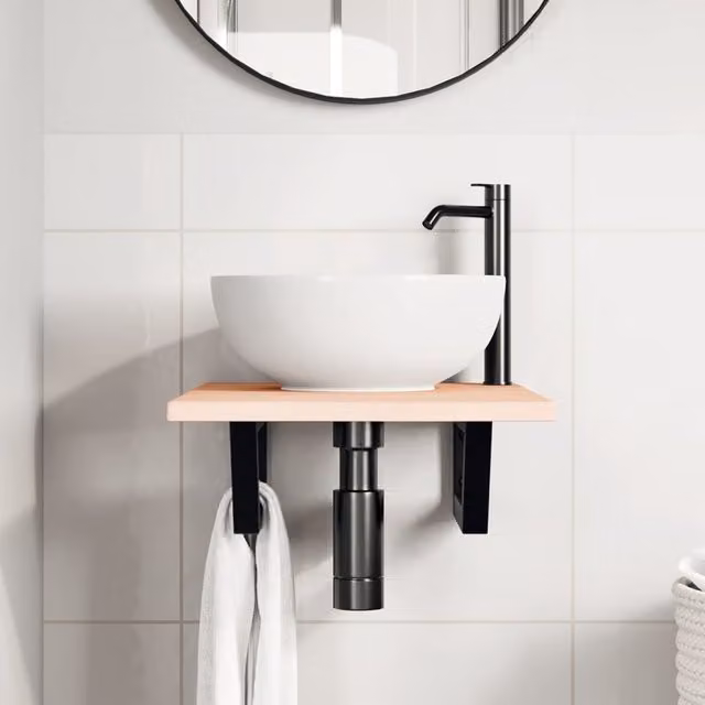 Estante de lavabo de pared SYFAX de madera de roble y acero en color negro y marrón