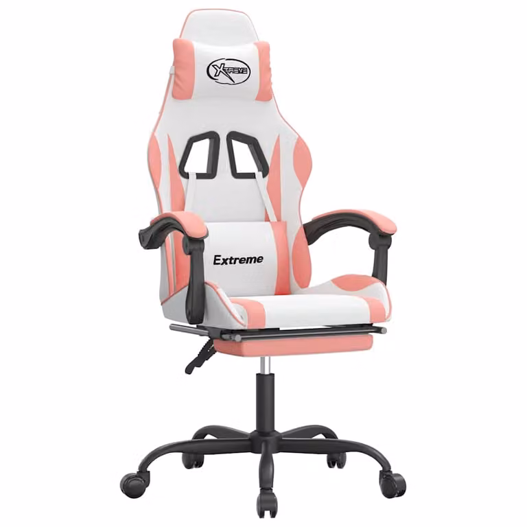Silla gaming giratoria vidaXL con reposapiés y reposacabezas en cuero sintético, color blanco y rosa