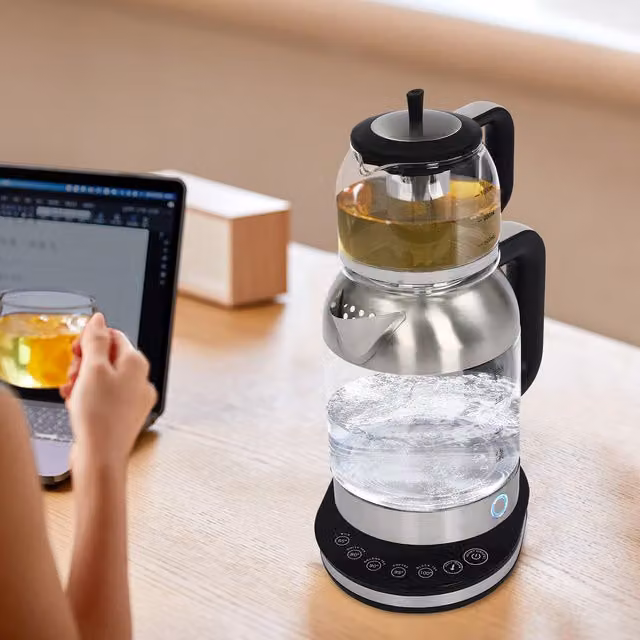 Hervidor de agua eléctrico y tetera de té SANBOUSI de 1800W con filtro, función de mantener caliente, acabado en negro, plata y transparente