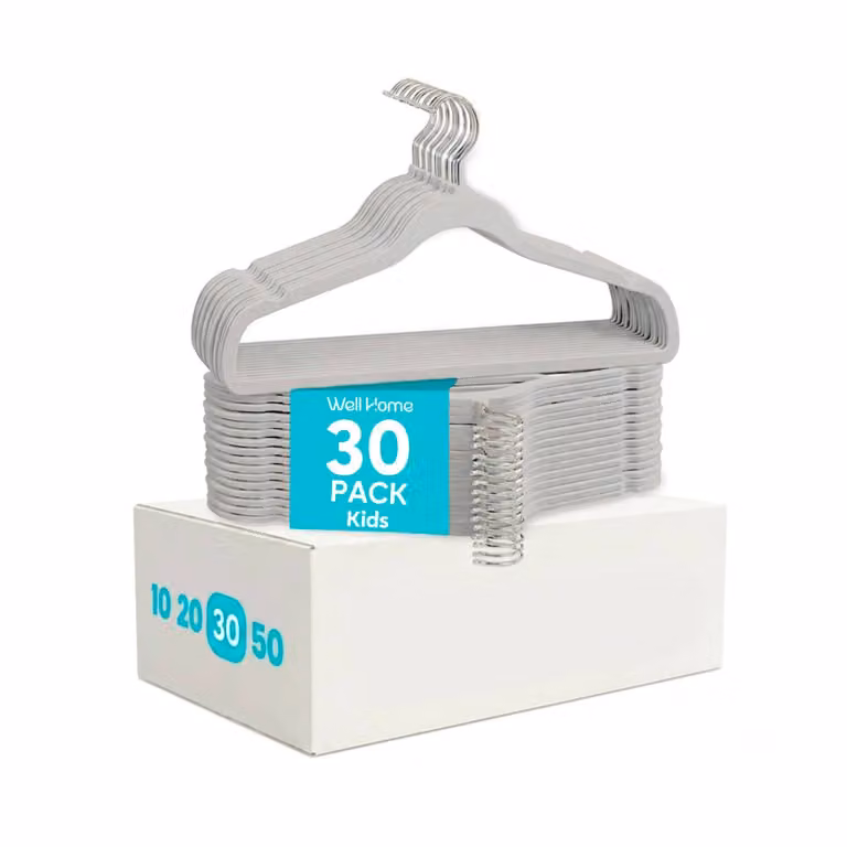 Set de 30 perchas infantiles de terciopelo antideslizantes WELLHOME en color gris con ganchos giratorios