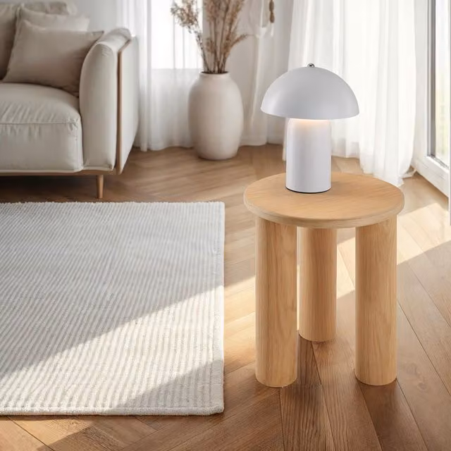 Mesa auxiliar Tectake de diseño minimalista en color beige con superficie redonda de MDF laminado, Diámetro: 40 cm, Altura: 45,5 cm
