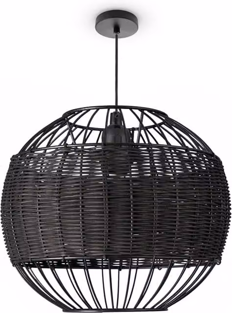 Lámpara colgante Riha de estilo industrial en color negro con acabado de metal y ratán y luz LED de tono blanco cálido