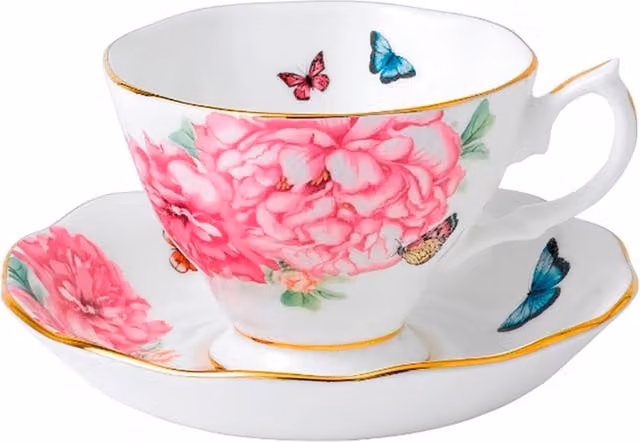 Set de taza de té y plato Royal Albert Friendship con diseño floral de Miranda Kerr en porcelana bone china color rosa y blanco