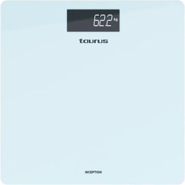 Báscula digital de baño personal Taurus Inception con pantalla digital y superficie de cristal en azul y blanco con capacidad de 180 kg