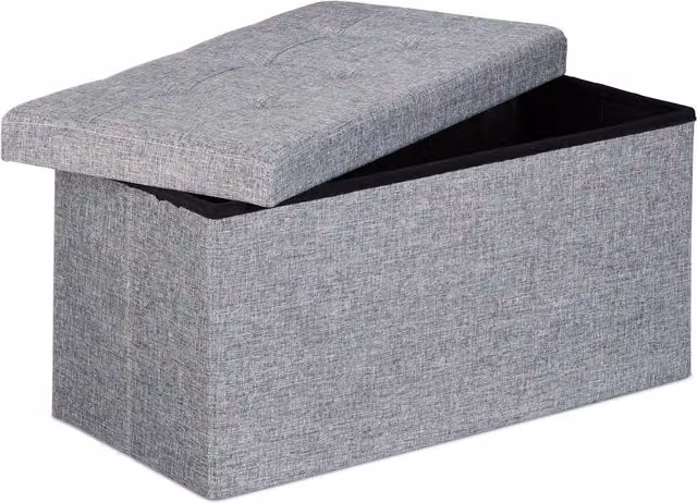 Banco plegable XL con almacenaje y reposapiés de lino gris Relaxdays, An/P/Al: 76 x 38 x 38 cm