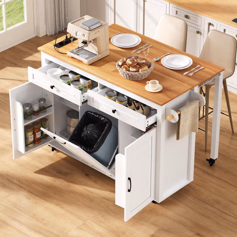 Isla de cocina STILVORA con ruedas y zona de comedor extensible, color blanco, con encimera, regletas de enchufes y compartimento para residuos. An/P/Al: 120 x 40 x 92 cm