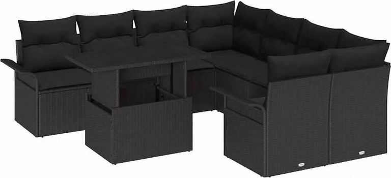 Conjunto de sofá de jardín Syfax de 9 piezas en polirratán negro con cojines y mesa de centro para terraza