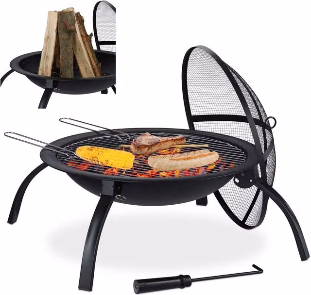 Brasero Relaxdays XL con rejilla para barbacoa, atizador y parachispas, color negro, Diámetro: 56,5 cm