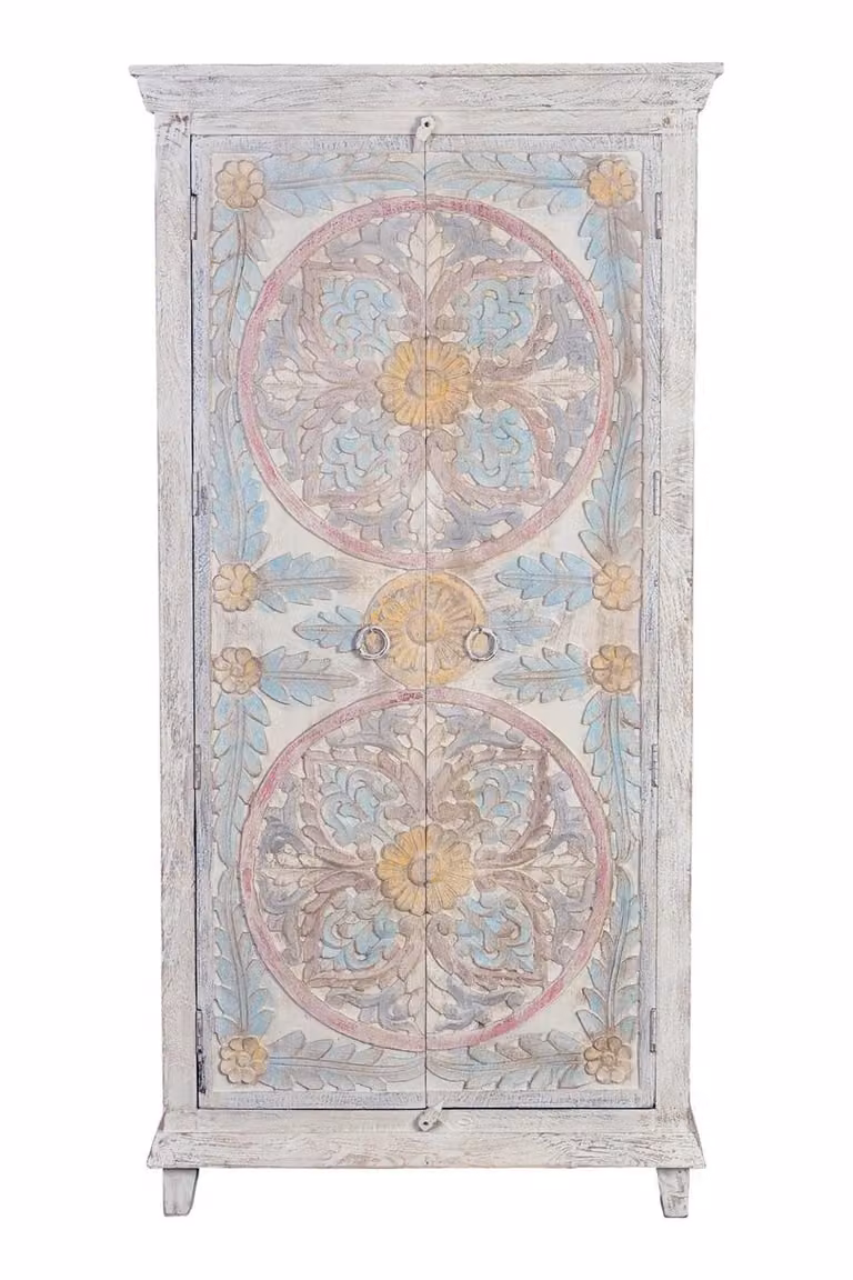 Armario de madera de mango estilo étnico multicolor con detalles florales Giner y Colomer An/P/Al: 90 x 40 x 180 cm