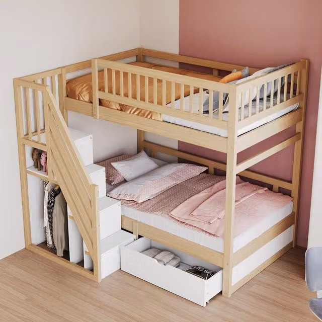 Cama litera de dos niveles Modenvie para niños con escalera con almacenaje, cajón y barandillas de seguridad, fabricada en madera y MDF, An/P/Al: 90 x 200 x 173 cm