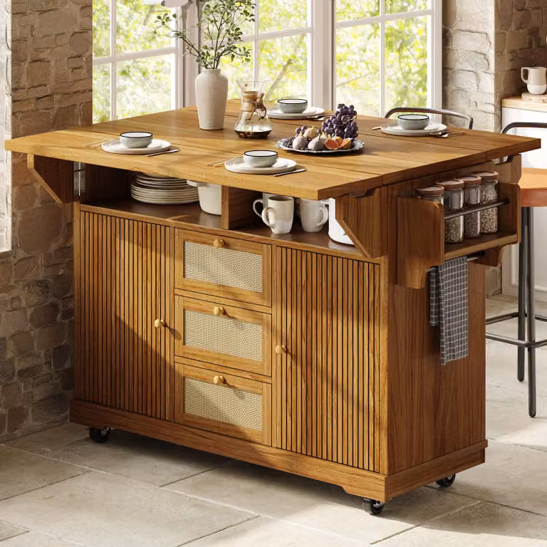 Carrito de servicio MODFU con mesas plegables y cajones de ratán de polietileno, isla de cocina con espacio de almacenamiento, color marrón oscuro, 95 cm