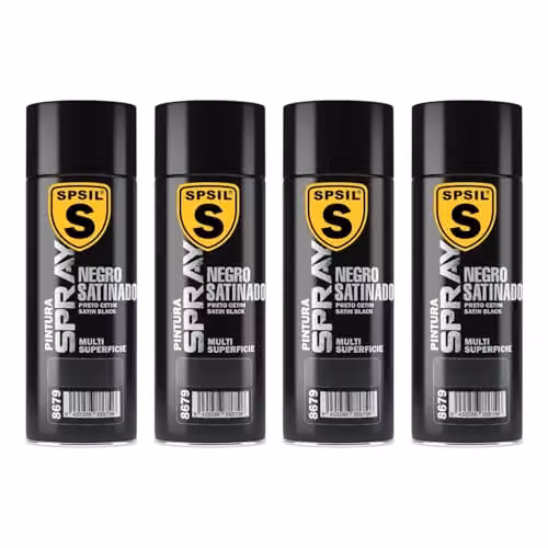 Pack de 4 unidades de Pintura Spray SPSIL Negro Mate Satinado de 200 ml para Metal, Madera y Plástico con Secado Rápido