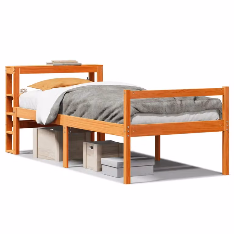 Estructura de cama con cabecero de madera de pino de vidaXL en color marrón cera, An/P/Al: 75 x 190 x 82 cm