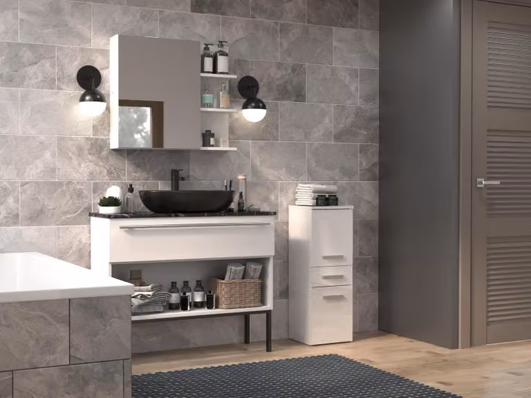 Mueble de baño suspendido 3xEliving con 2 puertas y cajón en blanco brillante