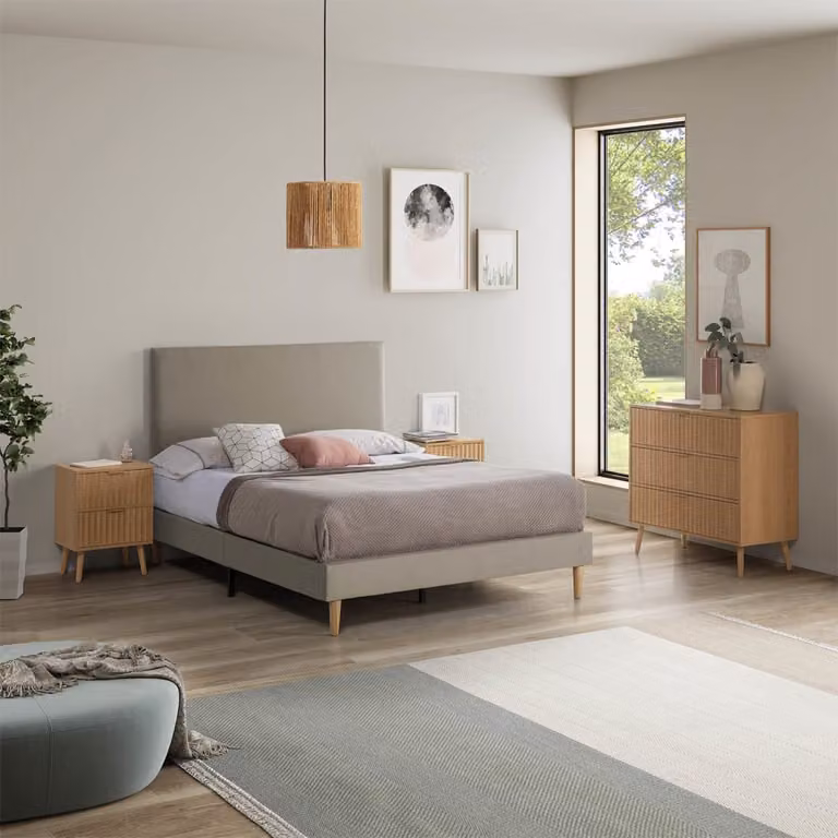 Cabecero Aura de la marca HOMN tapizado en tela beige para dormitorio An/P/Al: 140 x 60 cm