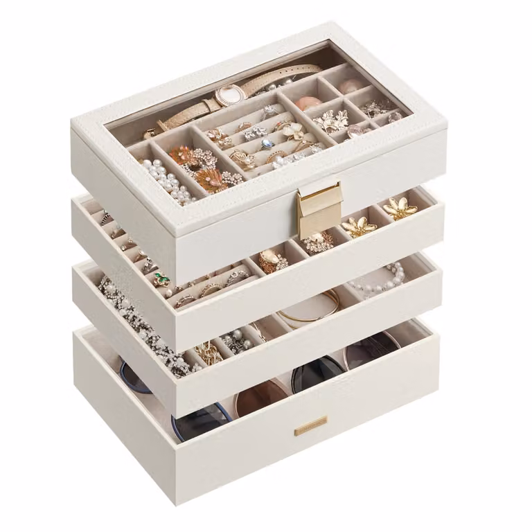 Caja Joyero SONGMICS Apilable de 4 Capas con Tapa de Cristal Transparente y Detalles en Metal, Color Blanco, An/P/Al: 28.0 x 17.0 x 18.3 cm
