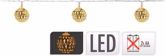 Guirnalda de bolas redondas MICA DECORATIONS con 10 LEDs de luz blanco cálido y acabado oro, funciona con pilas, Longitud: 1,3 m