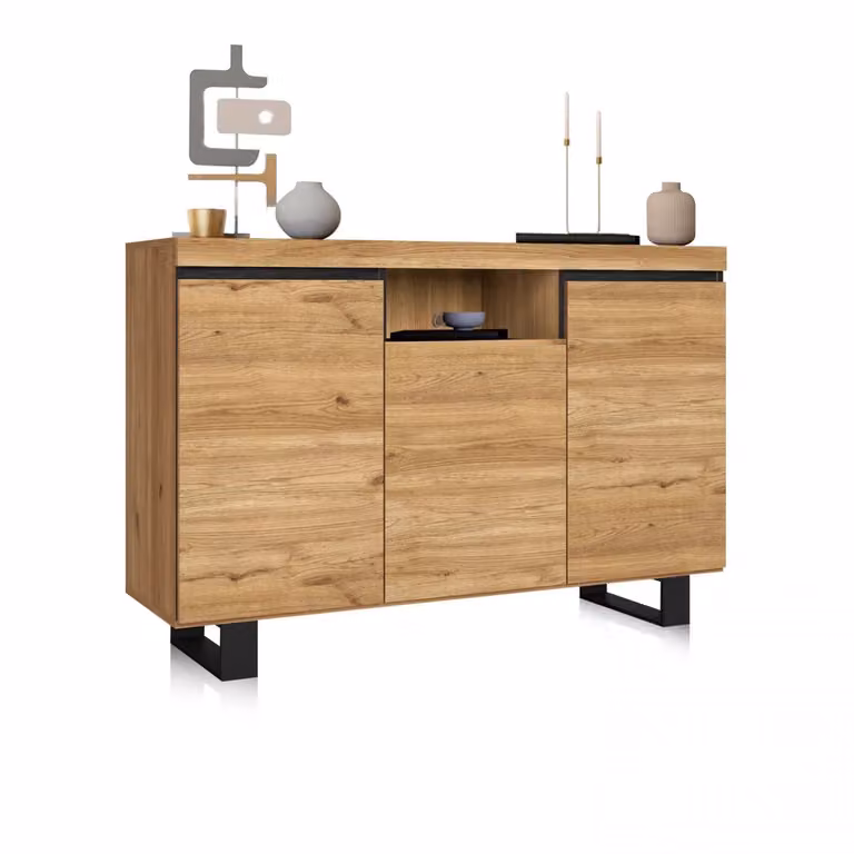 Aparador Ebos UP de DUEHOME con 3 puertas y 1 estante abierto en roble nude y ceniza, An/P/Al: 140 x 40 x 92 cm