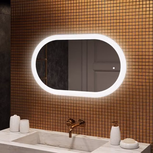 Espejo de baño ovalado con iluminación LED dual y sensor táctil Artforma en color blanco, An: 80 cm, Al: 50 cm