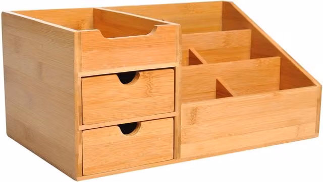Organizador de escritorio NORTHIX de bambú con 2 cajones y compartimentos múltiples en acabado madera natural beige y marrón An/P/Al: 20,5 x 15,5 x 9 cm