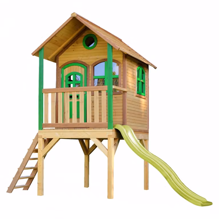 Casita de juegos infantil AXI Laura de madera con tobogán amarillo en marrón y verde