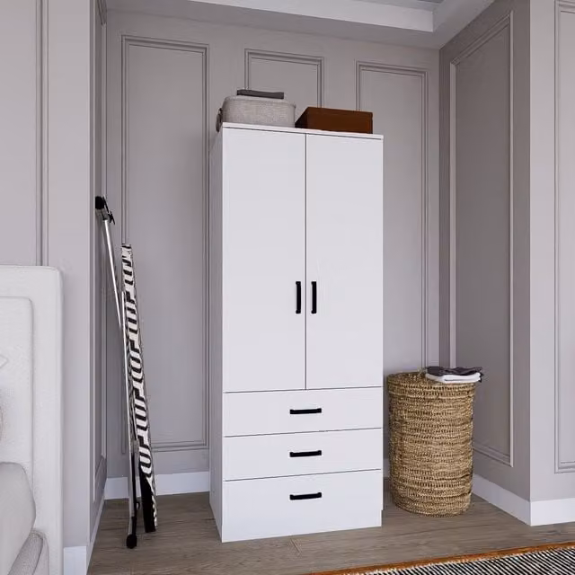 Armario de dormitorio DMORA Sondrio con 2 puertas correderas, 3 cajones internos y perchero en color blanco, An: 60 cm, Al: 175 cm