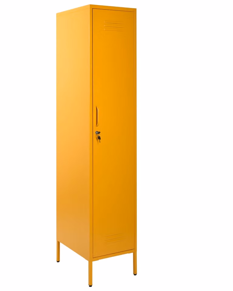 Mueble de oficina industrial Beliani en metal amarillo con puertas batientes y estantes regulables