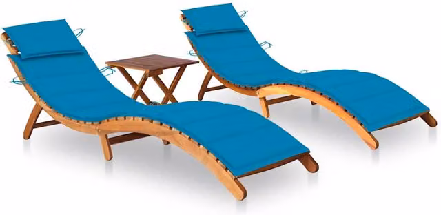 Set de 2 tumbonas con mesa y cojines SYFAX de madera de acacia marrón y azul para jardín o terraza
