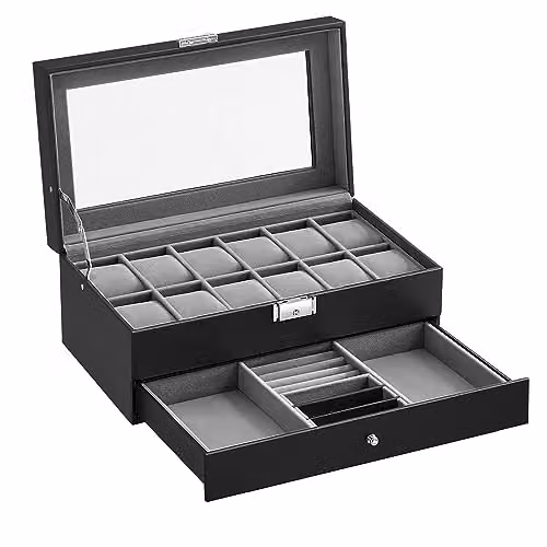 Caja de reloj SONGMICS de 2 niveles para 12 relojes con tapa de cristal, color gris y negro, An/P/Al: 32,5 x 18,8 x 13,2 cm