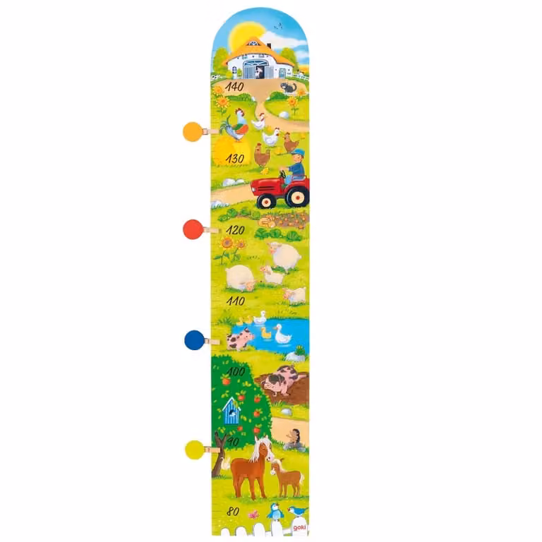 Medidor infantil de madera Goki Bienvenido a la granja, multicolor y verde, para montaje en pared