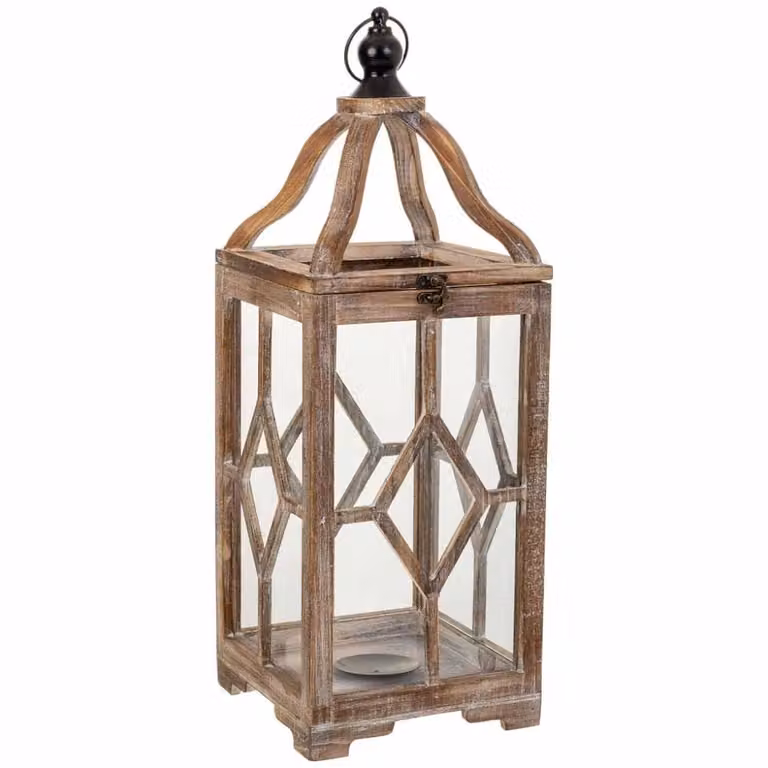 Farol decorativo Wanderlust deco de madera y cristal color marrón, diseño geométrico rústico para velas, An/P/Al: 21 x 21 x 60 cm
