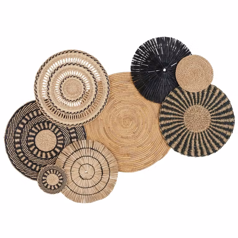 Decoración de pared geométrica de THOMY con círculos de ratán trenzado en colores beige y negro, An/Al: 140 x 92 cm
