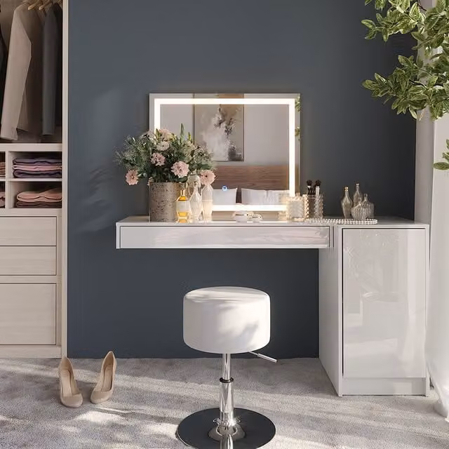 Tocador Sherry Vicco en color blanco con espejo LED, taburete y módulo con puerta