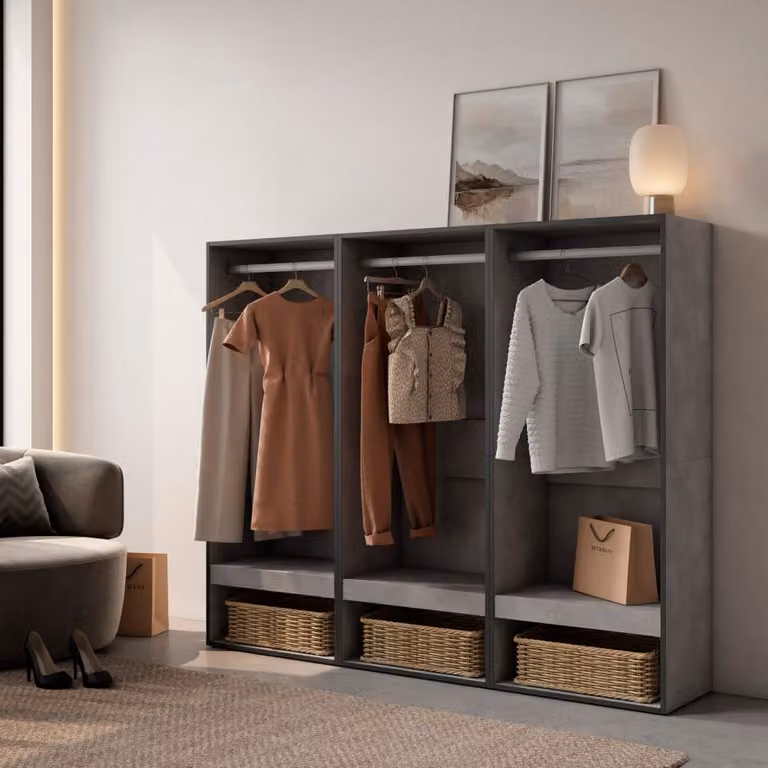 Vestidor abierto moderno SKRAUT HOME efecto madera y cemento en gris y negro An/P/Al: 180 x 35 x 145 cm