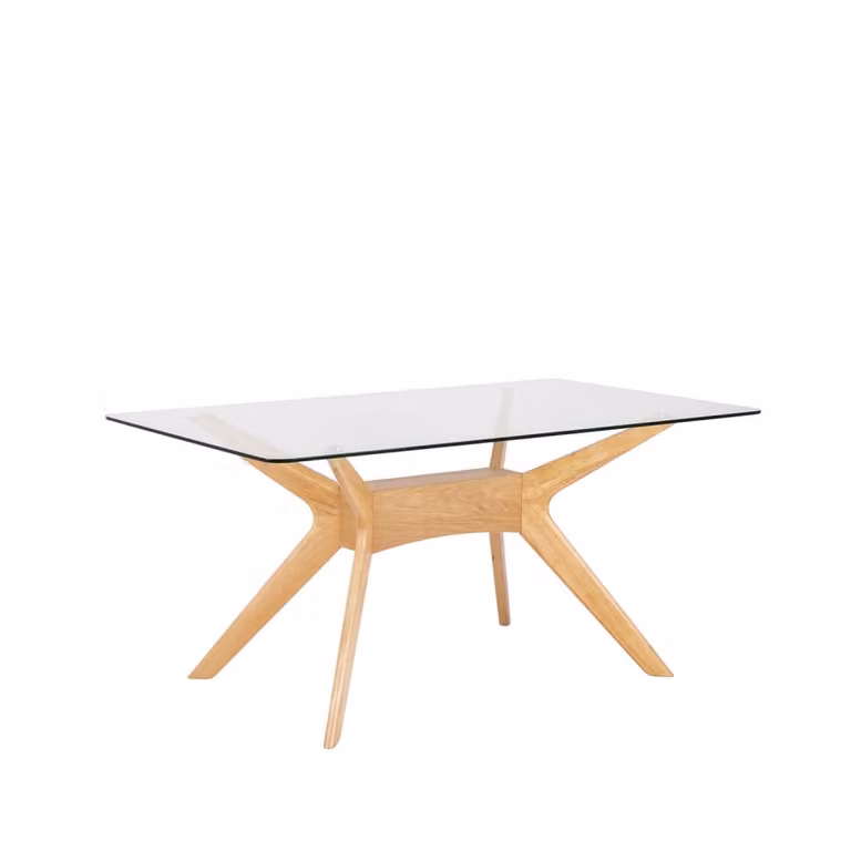 Mesa de comedor moderna KOKETTO HOME con tablero de vidrio transparente y patas de madera de nogal de 140 cm