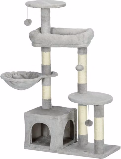 Rascador para gatos PawHut con postes de sisal, cueva, plataformas y bolas colgantes, Gris Claro, Altura: 104 cm