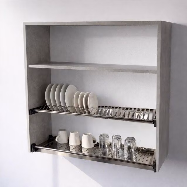 Mueble alto escurridor de cocina Calandrelli en color gris cemento con puertas batientes y portavasos, Al 90 cm x An 90 cm x P 33 cm