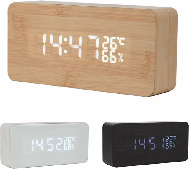 Reloj despertador digital con pantalla LED y termómetro de madera rectangular Trade Shop Traesio en color marrón