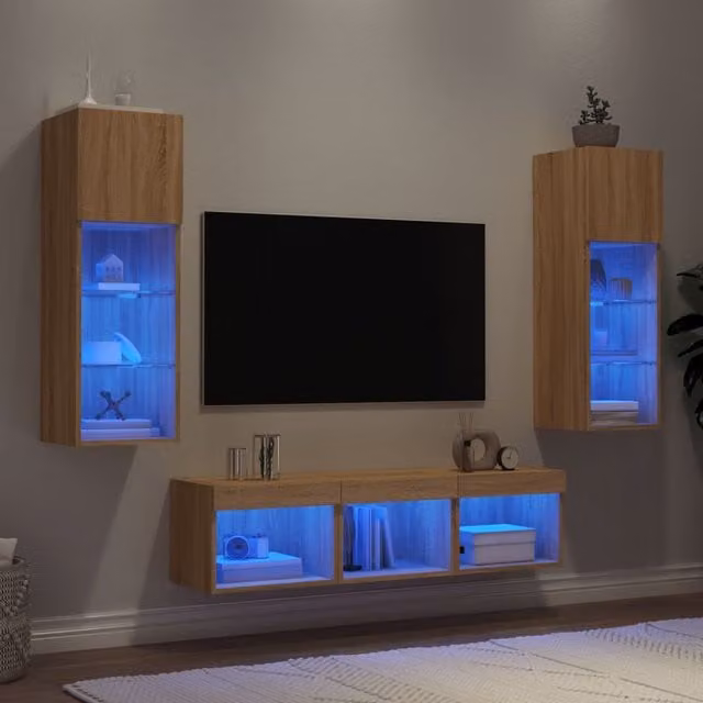 Conjunto de mueble de TV de pared Maison Exclusive de 5 piezas en madera de roble sonoma con iluminación LED integrada y detalles en cristal para tu salón
