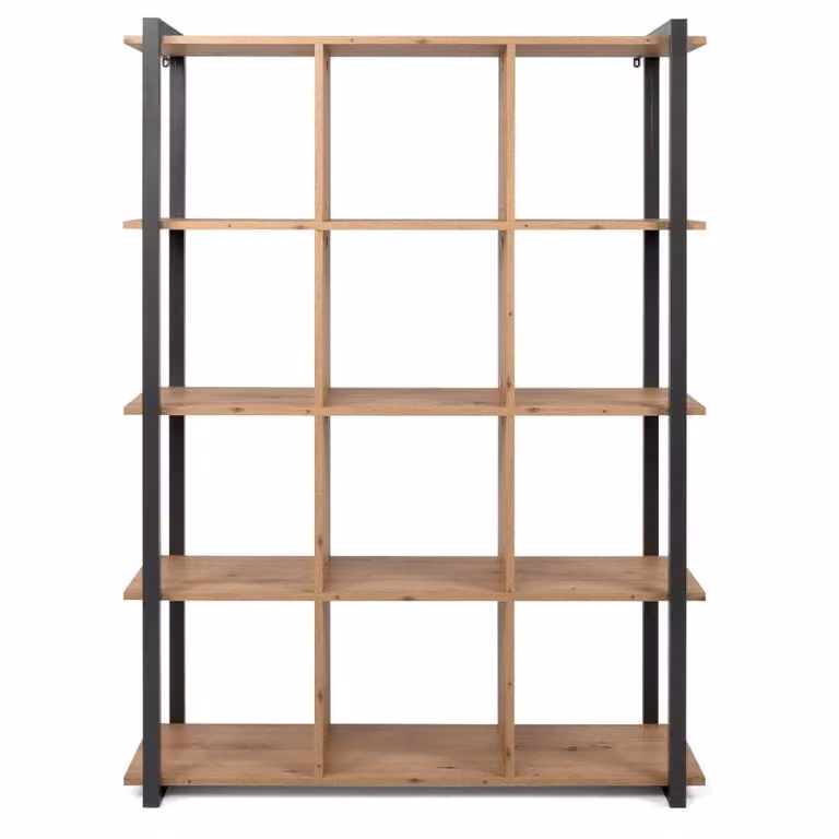 Biblioteca Calicosy de 12 compartimentos con efecto madera roble y gris para salón, An: 39 cm, P: 39 cm, Al: 145 cm