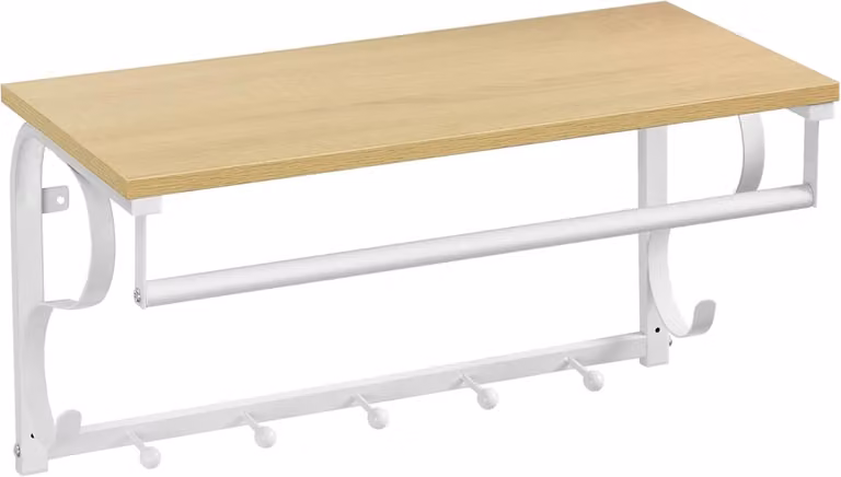 Perchero de pared VASAGLE de estilo rústico con estante, barra de suspensión y ganchos, color blanco y marrón, An/P/Al: 66 x 30 x 31,7 cm