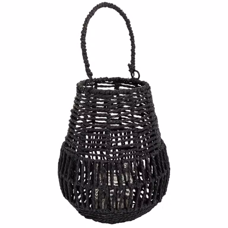 Farol portavelas Wanderlust deco de metal y cuerda de papel negro, redondo y colgante, An/P/Al: 21 x 21 x 25 cm