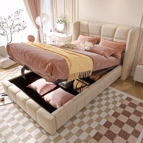 Cama con canapé OKWISH para niños y adolescentes, acolchada con cabecero y somier de láminas, color beige, An/P/Al: 90 x 200 x 101.5 cm