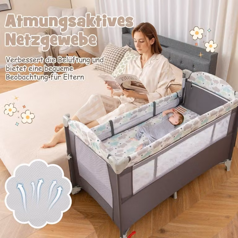 Cama plegable para niños B2X de 2 niveles con colchón, lateral abatible y ruedas, color gris